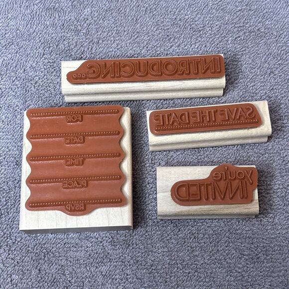 Wood Wooden Stamps Lot Introducing You’re Invited Save The Date RSVP Stampin Up - Picture 2 of 6